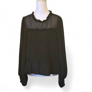 CeCe Black Ruffle Smocked Chiffon Blouse XL | Sheer Long Sleeve Top